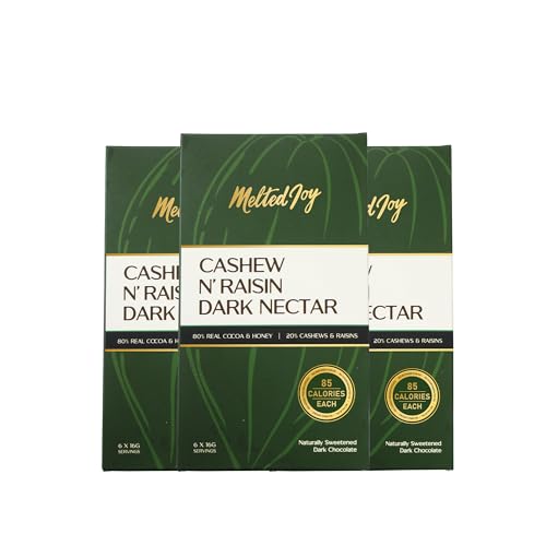 Image of Melted Joy Cashew N'Raisin Dark Nectar | 85 Calorie Dark Chocolate Squares - Portion Sized for Fat Loss | Naturally Sweetened with Honey | Pack of 6 (Set of 3)
