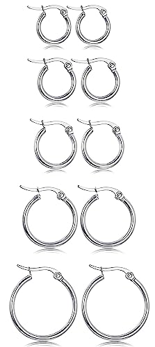 JeweBella 5 Pares Pequeños Pendientes Aro Plata para Mujer Niñas Acero Inoxidable Antialérgicos...