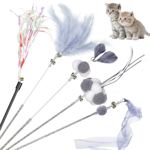 Pawfect Tail Cat Wand Toys, 5Pcs Interactive Kitten Feather Wand Toys for Bored Indoor Cats, Cat Teaser Wand with Bell and Crinkly Paper, Grey