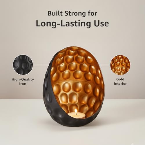 Image of Amazon Brand - Solimo Tea Light Votive - Oval Diamond Design, Black Iron with Gold Interior, Set of 2 (Size: L-12 cm x W-11 cm x H-15 cm)