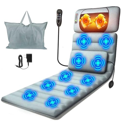 TeqHome Full Body Massage Mat with Heat & Movable Shiatsu Neck Back Massager Pillow,Massage Pad with Back Lumbar Support,9 Massage Modes,10 Vibration Motors & 3 Heating Levels,for Neck Leg Pain Relief