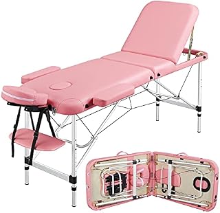 Yaheetech Massage Table Portable Tattoo Table Lash Bed 3 Section Foldable Aluminum Massage Bed Professional Tattoo Spa Table Bed Pink