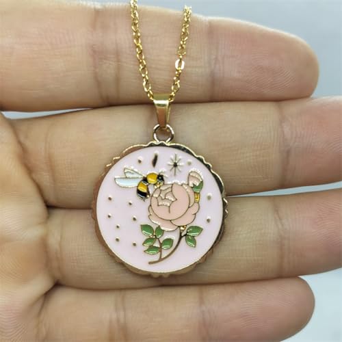 Collier chaîne acier avec pendentif disque fleur émail abeille - 5