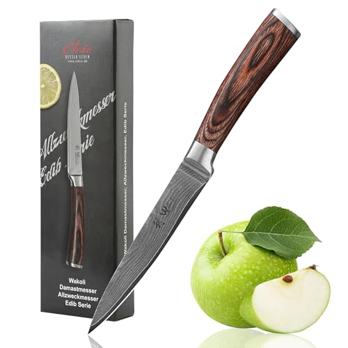 Wakoli EDIB Allzweckmesser aus echtem Damaststahl (VG10 Kern) mit 12,5 cm Klinge – Scharf & ergonomisch – Damastmesser mit Pakkaholzgriff in edler Geschenkbox – Kleines Küchenmesser für Obst & Gemüse