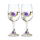 MEIGLQEA Wine Glasses Set of 2, Handcrafted Enamel Flower Red Wine Glasses Champagne Glasses Pretty Floral Goblets for Women Mom Friends Mothers Wife (Purple)