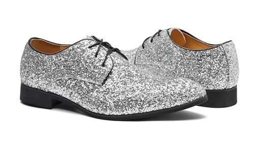 Men's Glitter Oxford Dress Shoes Loafer Burgundy, Lace-up Design,Sparkly Glitter Encrusted for Wedding Prom Black Golden Silver Wine red