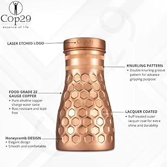 Cop29 Handmade Dolny Shiny Honeycomb Copper Bedroom Water Bottle I Pitchers with Lid I Bedside Water Carafe (Indoor Use with Loose Lid) –1000ml/34oz
