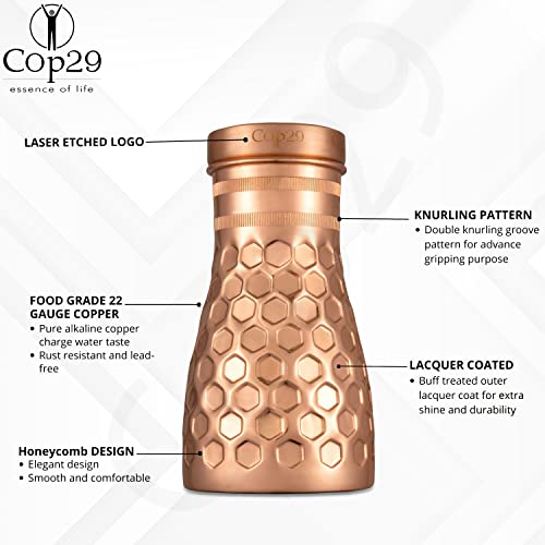 Cop29 Handmade Dolny Shiny Honeycomb Copper Bedroom Water Bottle I Pitchers with Lid I Bedside Water Carafe (Indoor Use with Loose Lid) –1000ml/34oz