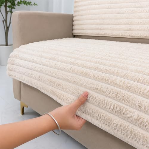 Image of Homerz Premium Rabbit Fur Sofa Cover with Anti-Skid Backing, Soft Plush Fabric Sofa Protector for Living Room Furniture (Beige, 6 (3+2+1) Seater, Seat Cover with Backrest)