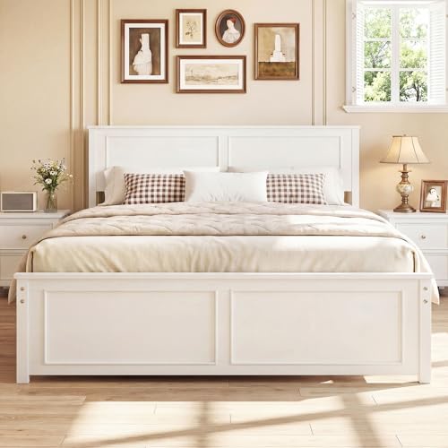 Giantex Wood Queen Size Bed Frame with Headboard Farmhouse Solid Platform Bed w/Wooden Slat Support Mattress Foundation Under-Bed Storage No Box Spring Needed White