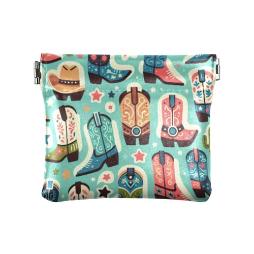 Cute Boots Cowboy Coin Purse Leather Pouch Change Purse, Squeeze Coin Pouch for Cards, Keys & Lipsticks, Unisex