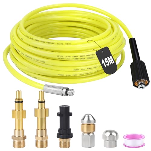 SWAWIS 15M Manguera Limpieza Tuberías 180 Bar Manguera Hidrolimpiadora con 2 Boquillas 3 Adaptadores para Kärcher K2 - K7 Lavor Parkside Bosch