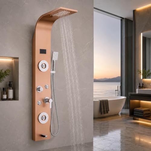 Image of ZeeCry 7 in 1 Full Set Stainless Steel 304 Shower Panel for Bathroom with Hand Shower /Showerhead /Body Massage Jets /Shower System with Hot & Cold Mixer (3 function hand shower) (Rose Gold)