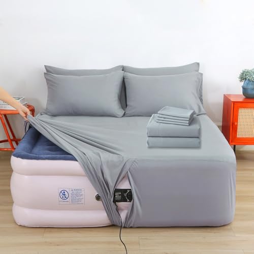Air Mattress Sheet Set Queen Size 6 Piece Deep Pocket Bed Sheet Set for 16-24 Inch Air Bed Easy Inflate Access Perfect for Guest Room RV Camping Gray