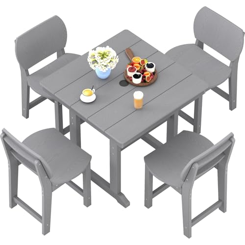 BIVODA 5-Piece HDPE Outdoor Patio Dining Set (Includes 1 Square Table and 4 Chairs) (All-Weather, Easy to Assemble, Umbrella Hole, 10+ Years of Lifespan) - Grey
