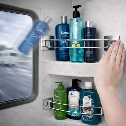 TAOPOWER RV Shower Corner Storage Bar Adjustable Stainless Steel Rod No Tool Install Camper Bathroom Organizer for Full-Time RV Living Must Have Accessories Protect Your RVs Value2Pcs