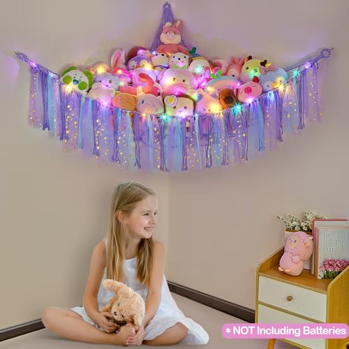 Image of FIOBEE Stuffed Animals Net LED Light Toy Hammock for Kids Bedroom Storage | Stuffed Animals Storage Organizer, Girls Room Decor, Teddy Bear Holder, Space Saving, for Kids Nursery Bedroom Playroom