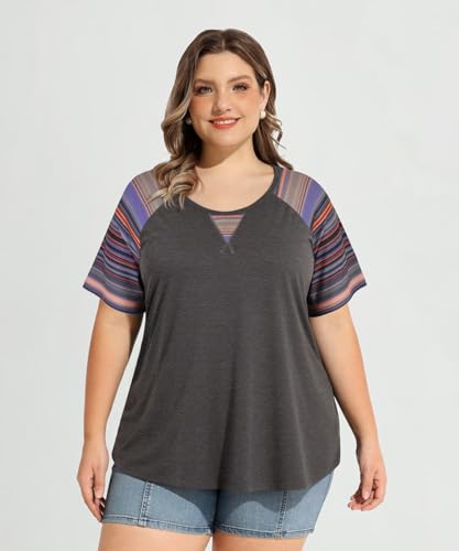 Image of CARCOS Plus Size Tops for Women Short Sleeve Shirt Summer Star /Leopard /Tie Dye /Flower Crewneck Pullover Tunic XL-5XL