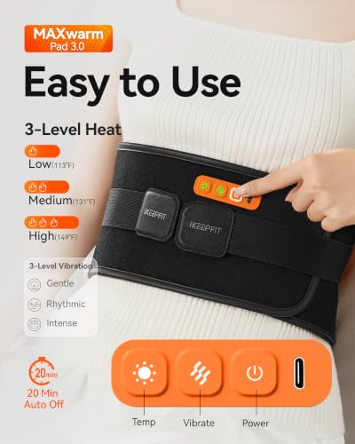 Image of IKEEPFIT Portable Heating Pad for Back, FSA Eligible HSA, Cordless Heat Belt with Massager for Lower Back Pain Relief, Battery Powered 8000 mAh Rechargeable, MAXwarm 3.0, Gift for Women Men 90-310 lb