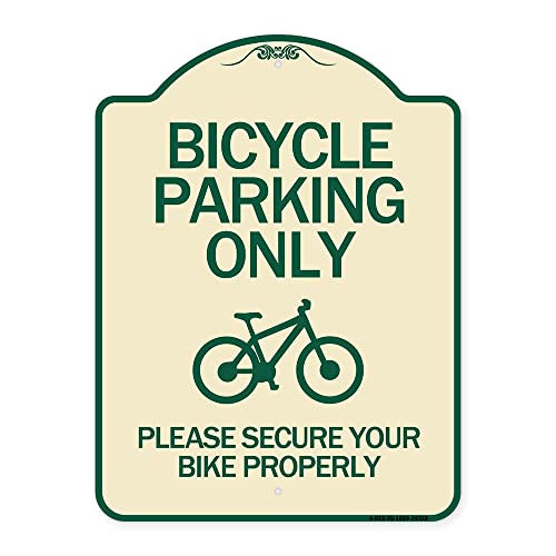 SignMission Designer Series Sign - Bicycle Parking Only Please Secure Your Bike Properly Sign | Tan & Green 18" x 24" Heavy-Gauge Aluminum Architectural Sign | Made in The USA