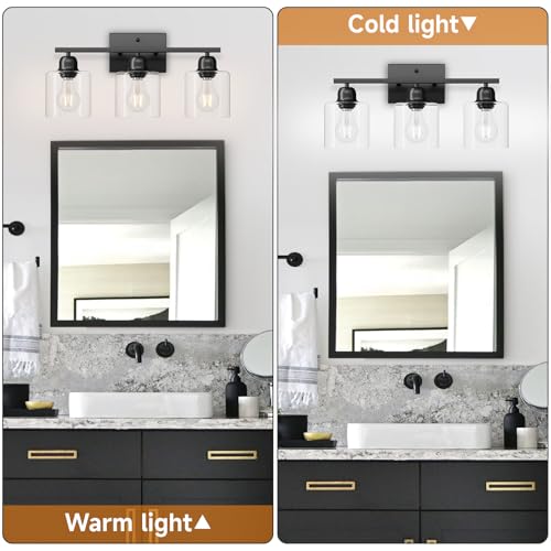 Image of Modern 3 Light Bathroom Light Fixtures, 19 inch Black Vanity Lights For Bathroom With Clear Glass, Bathroom Lighting Fixtures Over Mirror For Mirror Kitchen Living Room Hallway Cabinet Porch