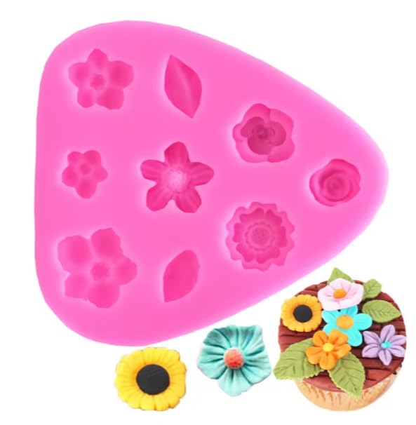 RKPM HOMES Mini Flower & Leaf Silicone Mould for Fondant Decoration | Small Floral Design Reusable Flexible Silicone Mold for Chocolate, Candy, Soap, Resin, Clay & DIY Crafts | Size 7.7 x 8 x 0.7 cm-image-0