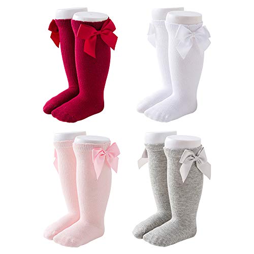 Image of CozyWay Baby Girls Knee High Socks with Bow Long Stockings Infants Toddlers Ruffled Socks School Uniform Leggings