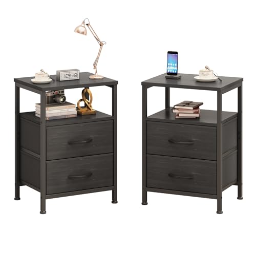 ZIWEI STAR Juego de 2 mesitas de noche, mesitas de noche con cajón de almacenamiento de tela y estante de madera abierto, mesas auxiliares para dormitorio, muebles de noche pequeños, dormitorio, fácil