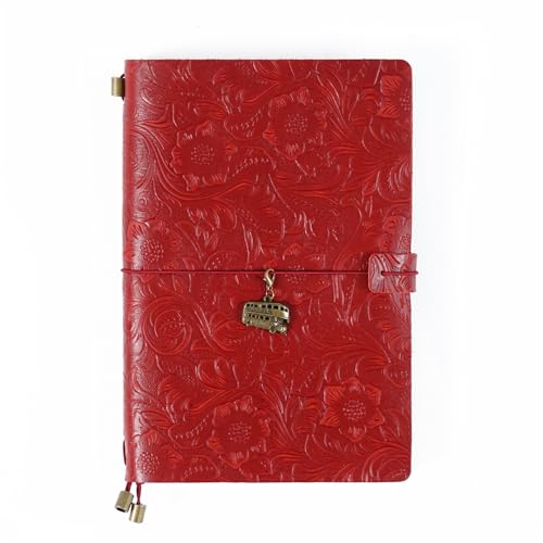 AIGUONIU Carnet TN cuir véritable motifs gravés, couverture rouge A5