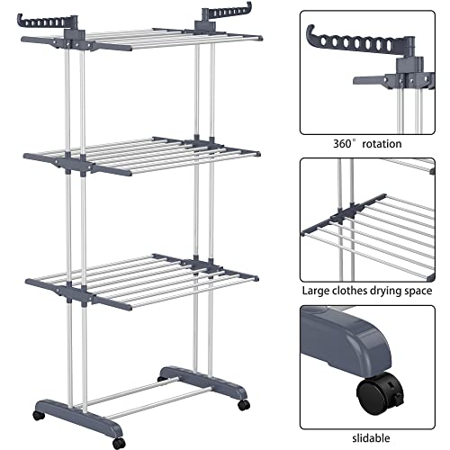 HOMIDEC-Clothes-Drying-Rack-Oversized-4-Tier677-High-Foldable-Stainless-Steel-Drying-Rack-Clothing-Movable-Drying-Rack-with-4-castors-24-Drying-Poles-14-Hooks-for-Bed-Linen-Clothing-Grey