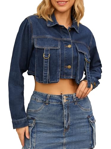 Women Cropped Jean Jacket Trendy Button Down Collared Short Denim Jackets