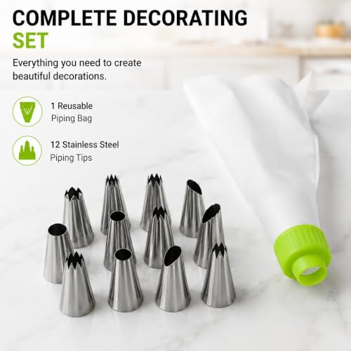 Image of PureBake 12 Pcs Cake Decorating Set, Nozzles for Frosting Icing Piping Bag, Used for Pastry, Cakes, Cookies & Muffin Decoration, Reusable Piping Bag Included