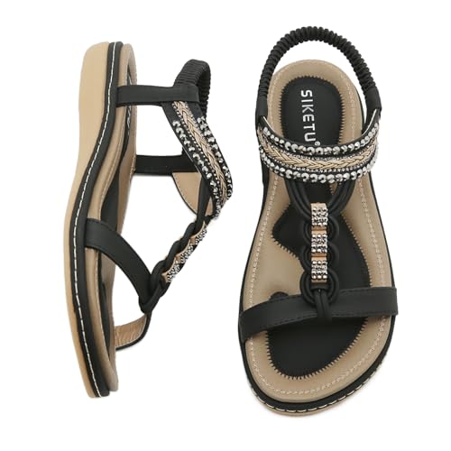 Women's T-Strap Rhinestone Flat Sandals Comfortable Open Toe Elastic Ankle Strap Slip On Walking Sandals Summer Fashion Bohemian Beach Shoes3