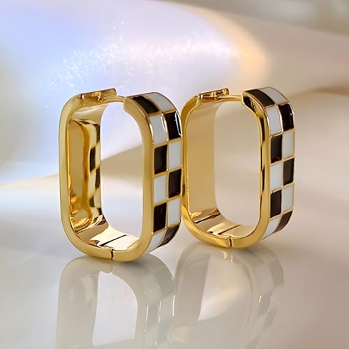 18K Gold Filled Checkered Earrings for Women, Dainty Checkered, Trendy Checker,Chunky Oval Huggie Hoop,Hypoallergenic Earrings with Gifts Box4