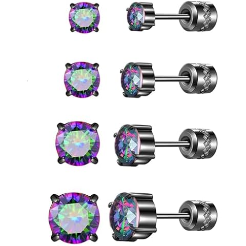 Hopply 4 Pairs Stud Earrings for Women Mens,Hypoallergenic Titanium Screw Back Surgical Stainless Steel 5A Cubic Zirconia Double Side Earrings Piercing Sleeper Studs Jewelry (4Pairs Black Rainbow-CZ 3-6mm) Cover