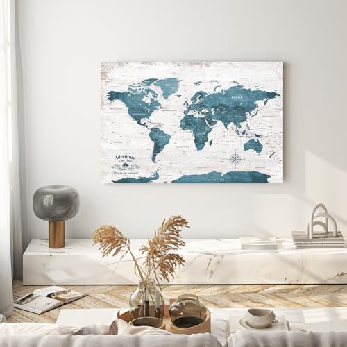 Image of IPIC - Antique Blue World Travel Map, Pin Board Canvas Wall Art, Travel Map with Pins Included, Ready to Hang for Home or Office, 36x24 Inch