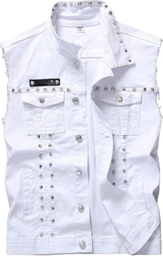 Image of Lazutom Men's Punk Denim Vest Sleeveless Lapel Jean Jackets Waistcoat with Rivets