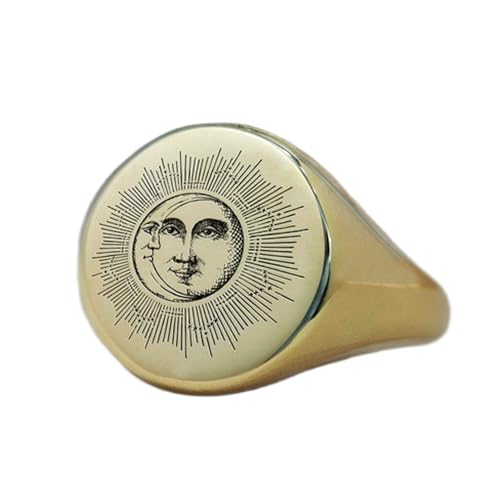 Bague lune et soleil ronde argent 925 plaqué or style chevalière vintage