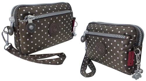 Polka Dot Wristlet Wallet Clutch Purse for Woman with 3 Zippers, Detachable Wristlet Strap, Water Repellent, Cell Phone Holder, Card, Coin, Cash, Cosmetic, Daily Essentials (Brown)3