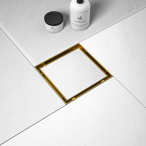 Bernkot Square Shower Drain 6', Brushed Gold Floor Drain with Tiled Insert Grate & Hair Strainer...