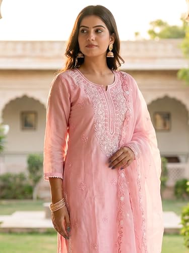 Image of INDO ERA Women's Silk Blend Embroidered Thread Work Kurta & Pant with Dupatta Set | Suit Set For Women