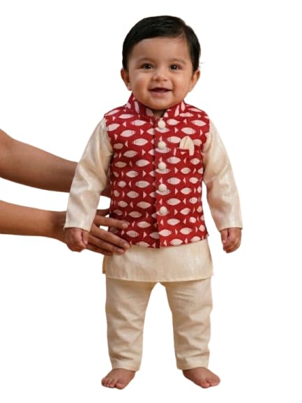 Image of Pspeaches Boys Cotton Full Sleeves Mandarin Collar Printed Kurta & Pyjamas With Jacket 3 Piece Set|Ethnic Wear For Cute Baby Boys|Traditional & Festive Outfit