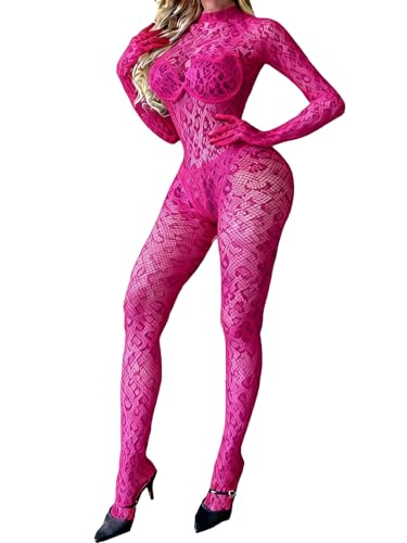 Leypafy Fishnet Body Combinaison Léopard Imprimer Femmes Bas de Lingerie Bodystocking Festival Club(QBSBW-Rose)