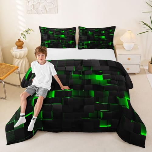 Image of Erosebridal Black Green Comforter Set Full Neon Geometric Checkered Bedding Set for Kids Boys Gaming Room Decor,Teen Men Abstract Stereoscopic Grids Quilt Square Plaid Check Bed Set 3 Pcs
