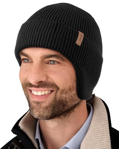 FURTALK Winter Beanie Mütze mit Ohrenklappe für Herren Damen Warm Fleece Gefüttert Strickmütze Outdoor Wintermütze Schwarz