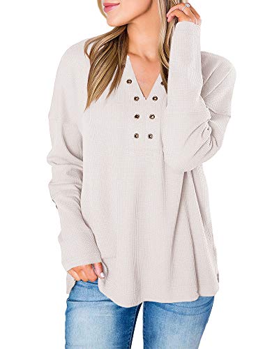 Remikstyt Womens Henley Shirts V Neck Long Sleeve Waffles Knit Split Tunic Tops (White,X-Large)