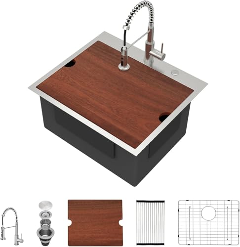 Lofeyo Fregadero de cocina de 25 x 22 pulgadas, fregadero de cocina de 12 pulgadas de profundidad con grifo de estación de trabajo, combo de cuenco individual de acero inoxidable 304