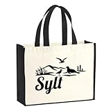 Huuraa Jutetasche Sylt Strandmotiv 21 Liter Black Jute und Baumwolle Einkaufstasche Geschenkidee