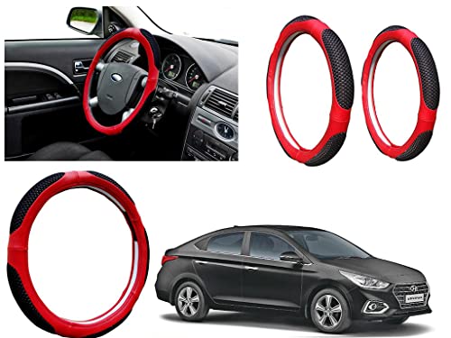 Image of Microfiber Car Steering Wheel Cover, Soft Padding Great Hand Feel, Anti-Slip, Faux Leather Steering Cover for Hyundai Verna 2018 | Black Red Jali - Pack of 1