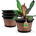 Quarut Large 4 Pack 16 inch Plant Pots,Whiskey Barrel Planters with Drainage Holes & Saucer,Plastic Decoration Flower Pots Retro Design,Planters for Outdoor Indoor Garden Balcony Plants (Brown)
